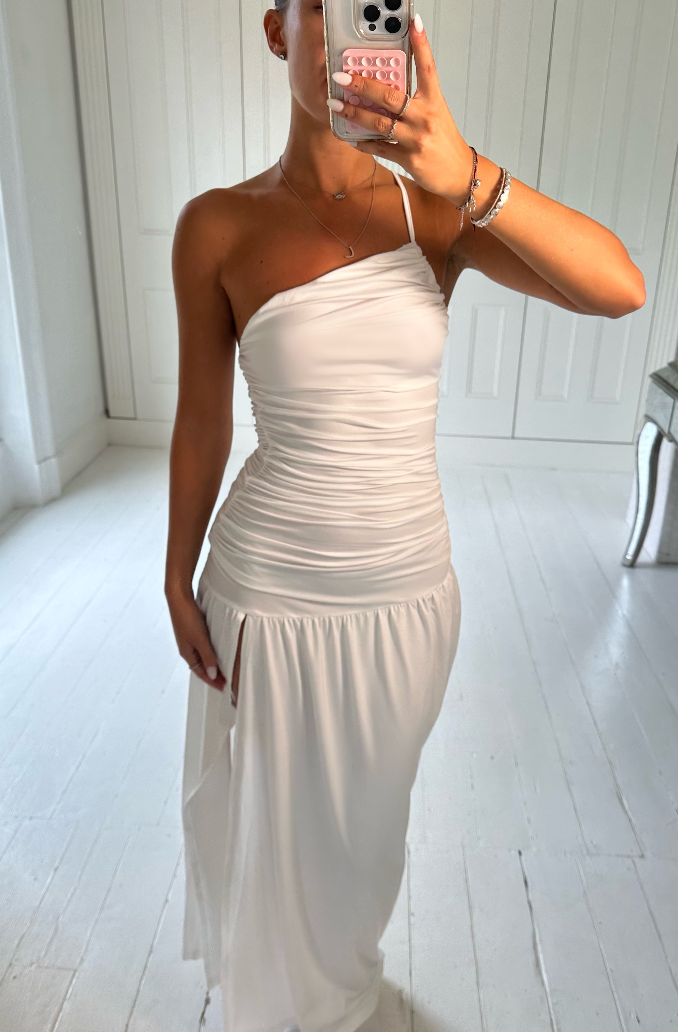 White ruched one shoulder maxi dress size L