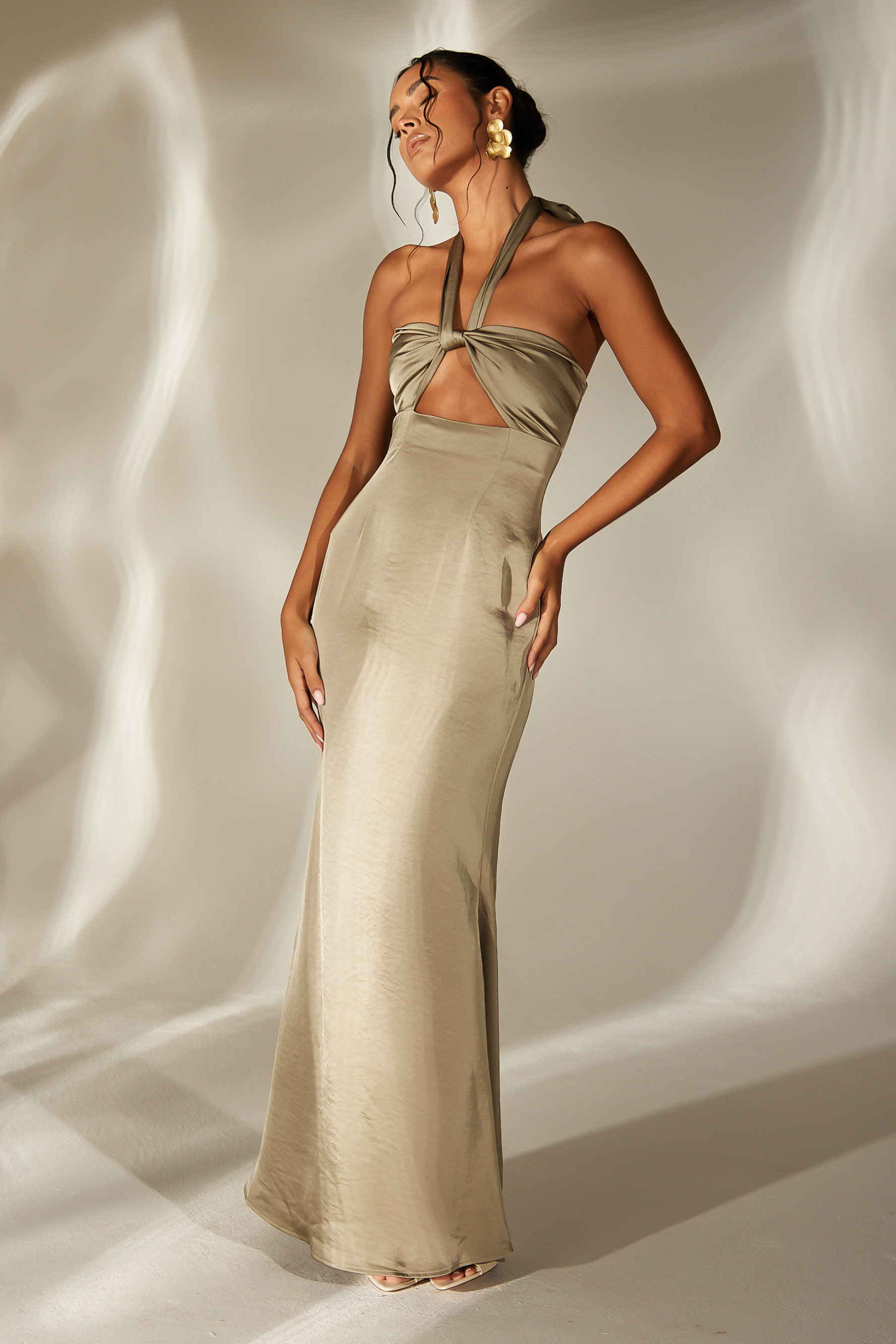 aria cove gold dress Aria Cove hammered satin bandeau open back maxi dress in gold