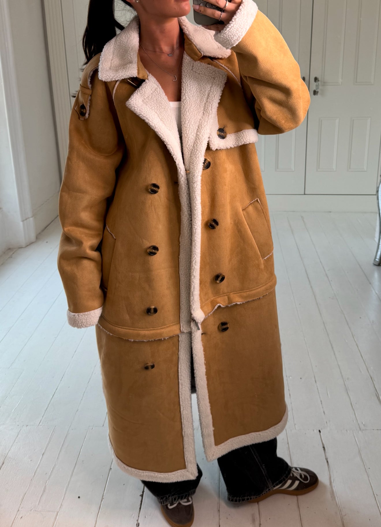 Tan shearling adjustable coat