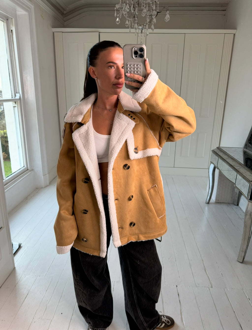 Tan shearling adjustable coat
