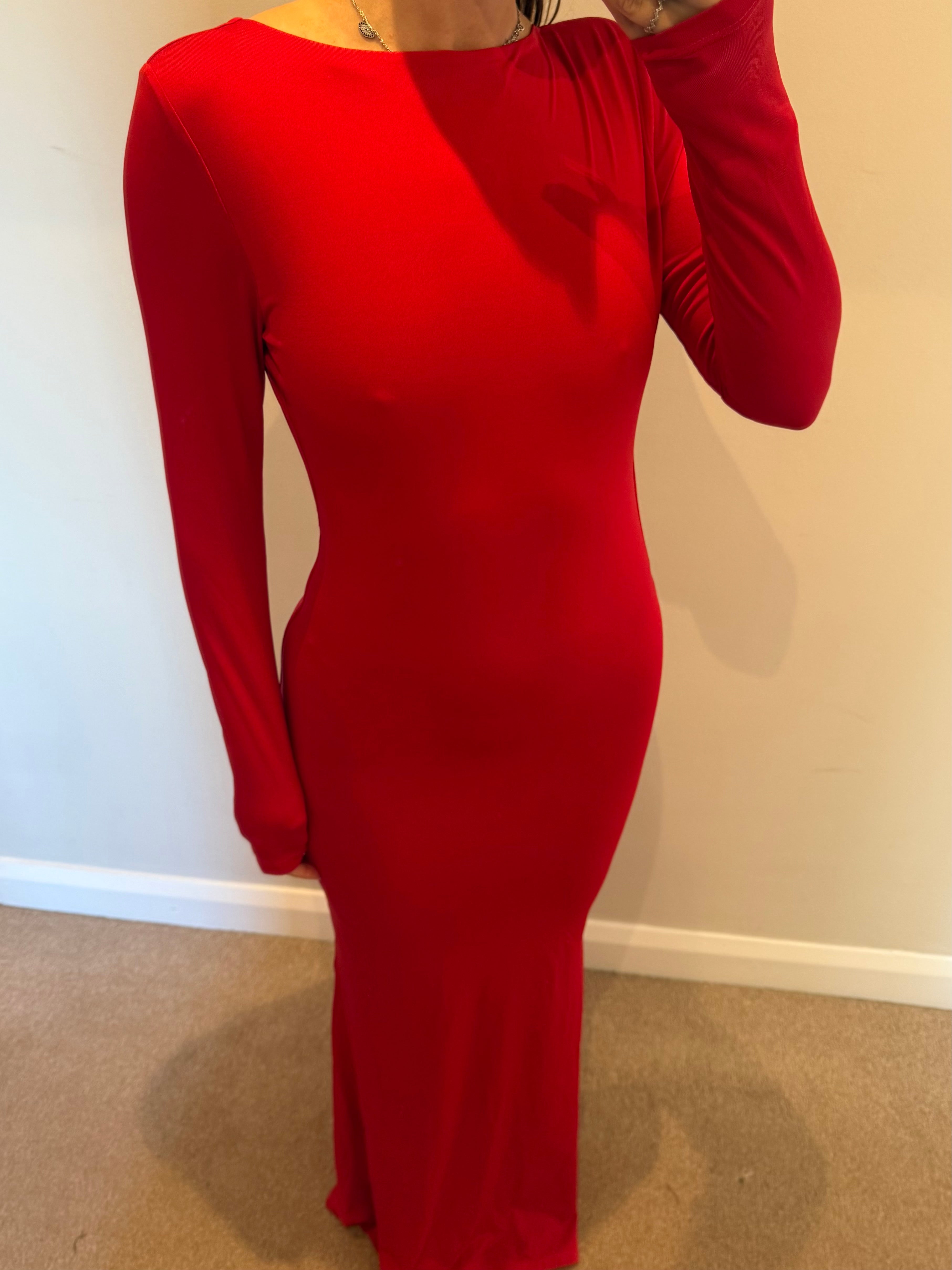 Red jersey maxi backless dress S