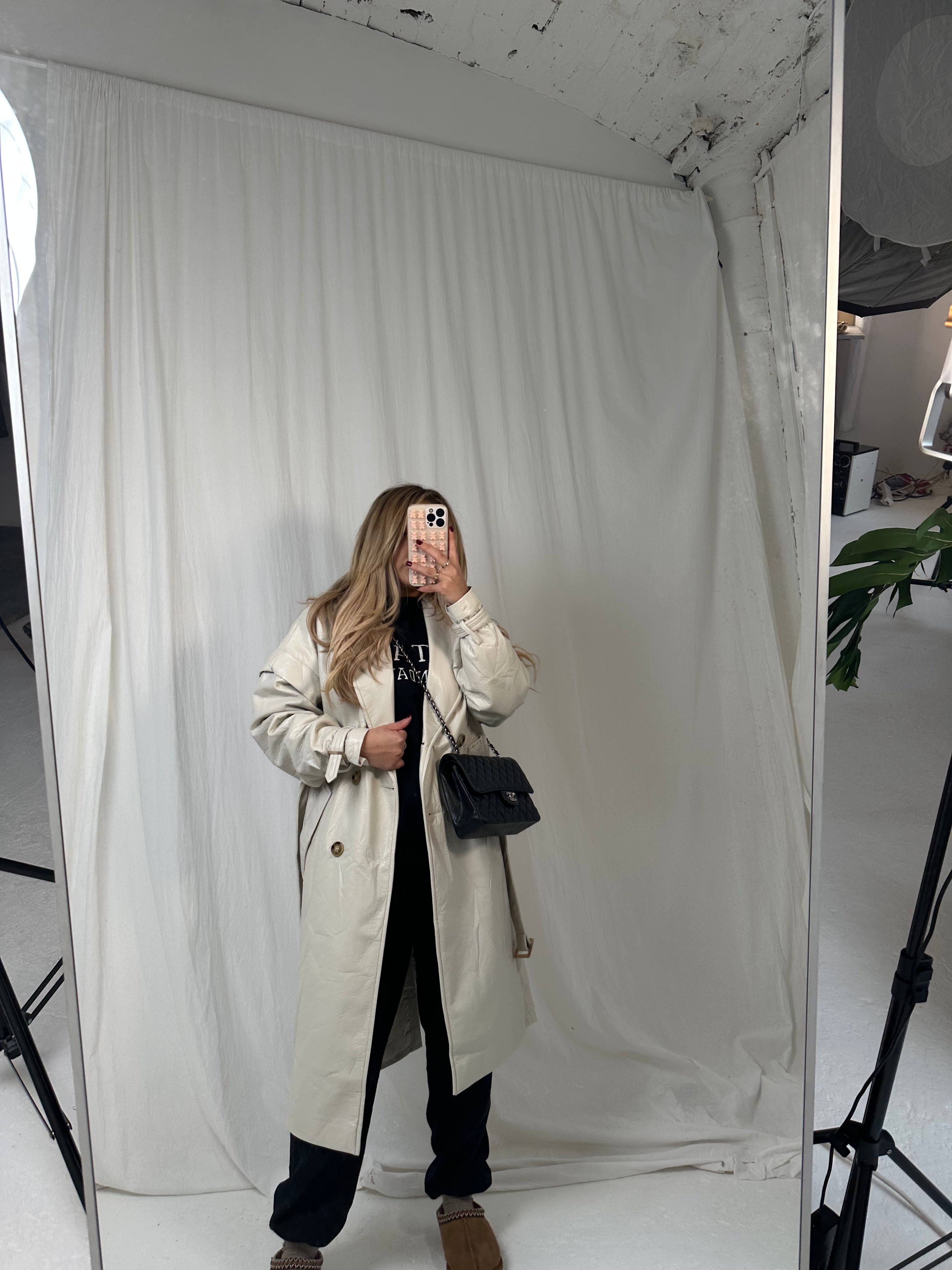 Beige leather trench coat