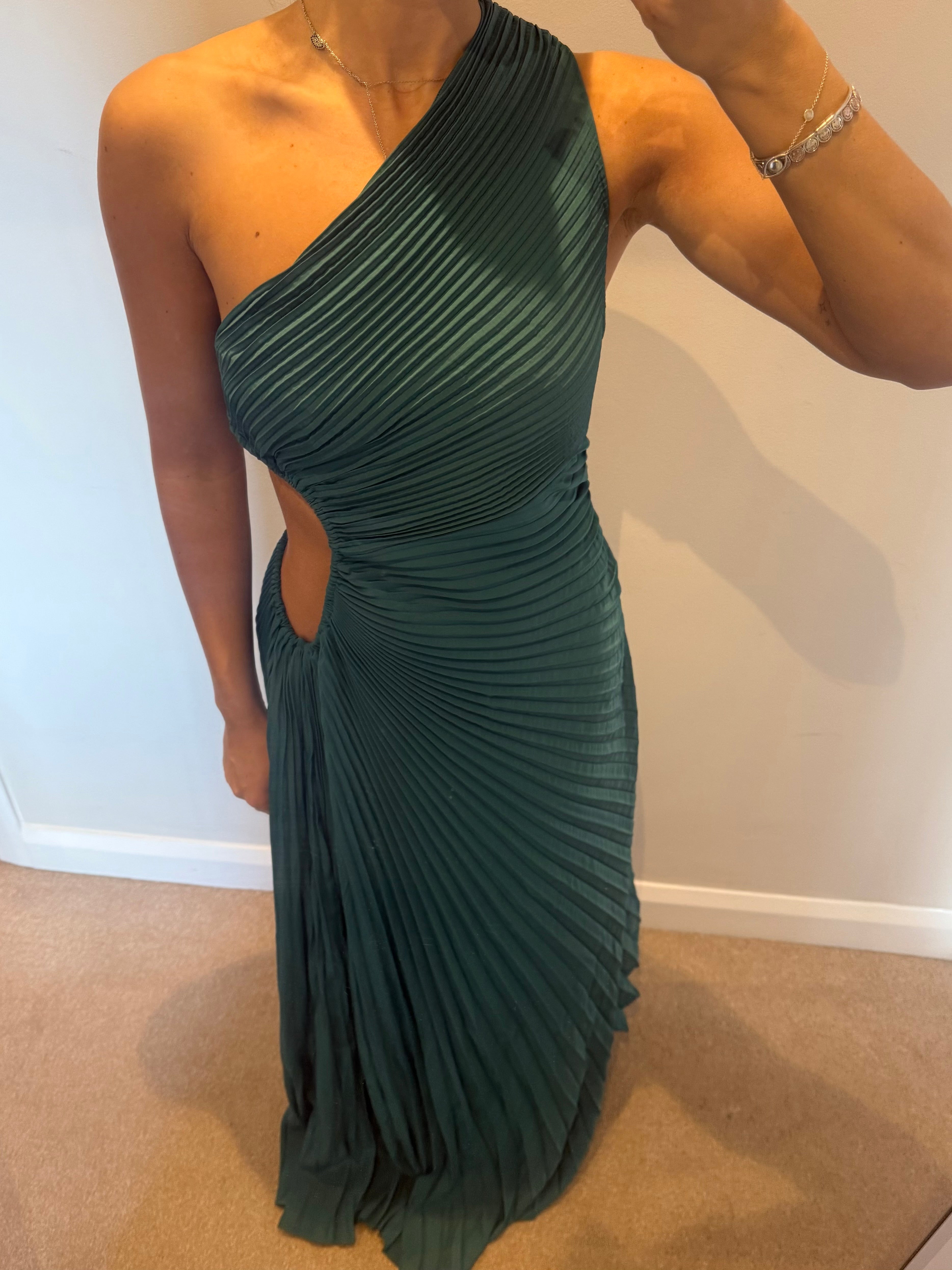 Green plisse one shoulder maxi dress size S
