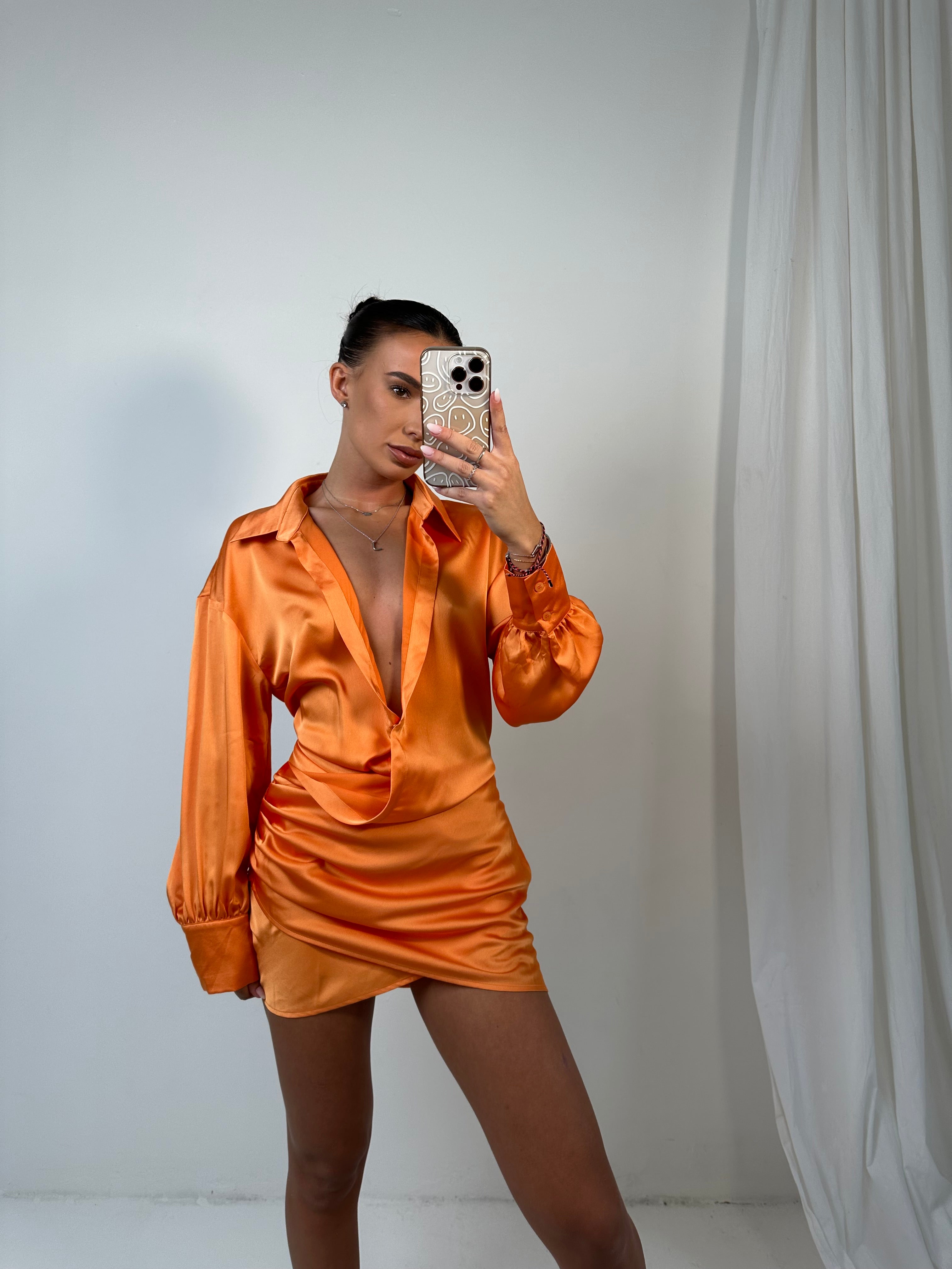 Orange satin mini dress