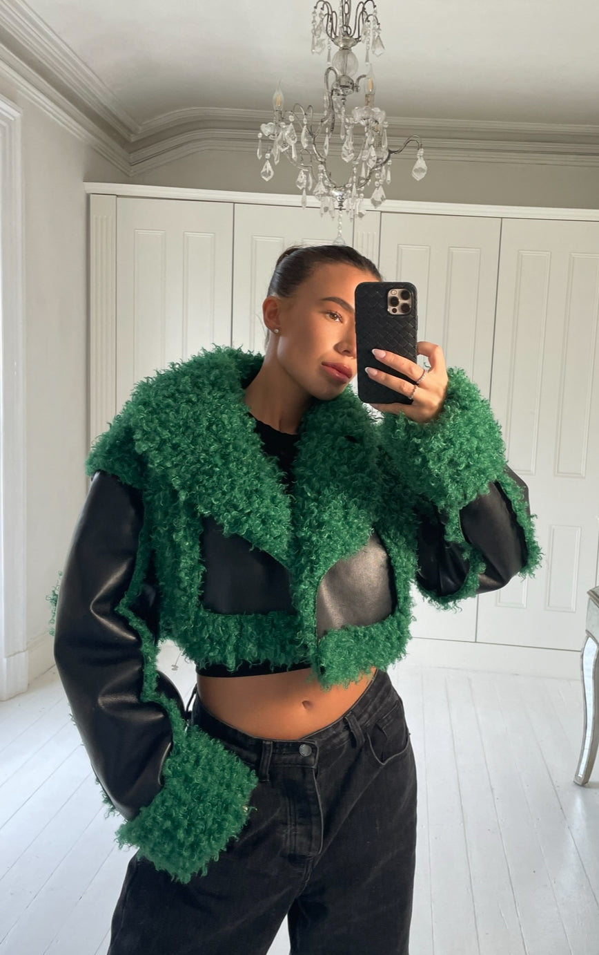 GREEN SHEARLING CROPPED COAT