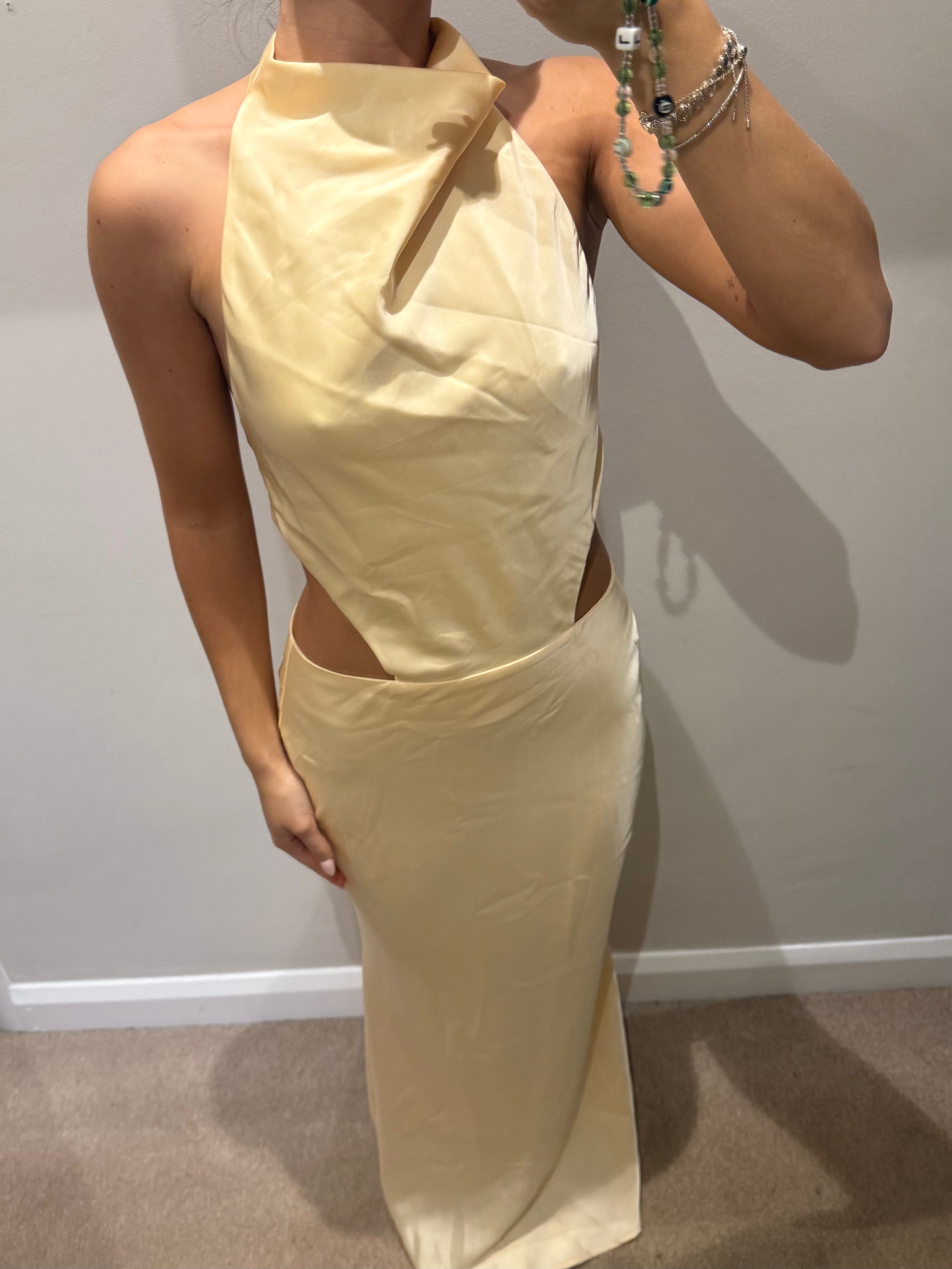 Yellow satin cut out maxi dress M