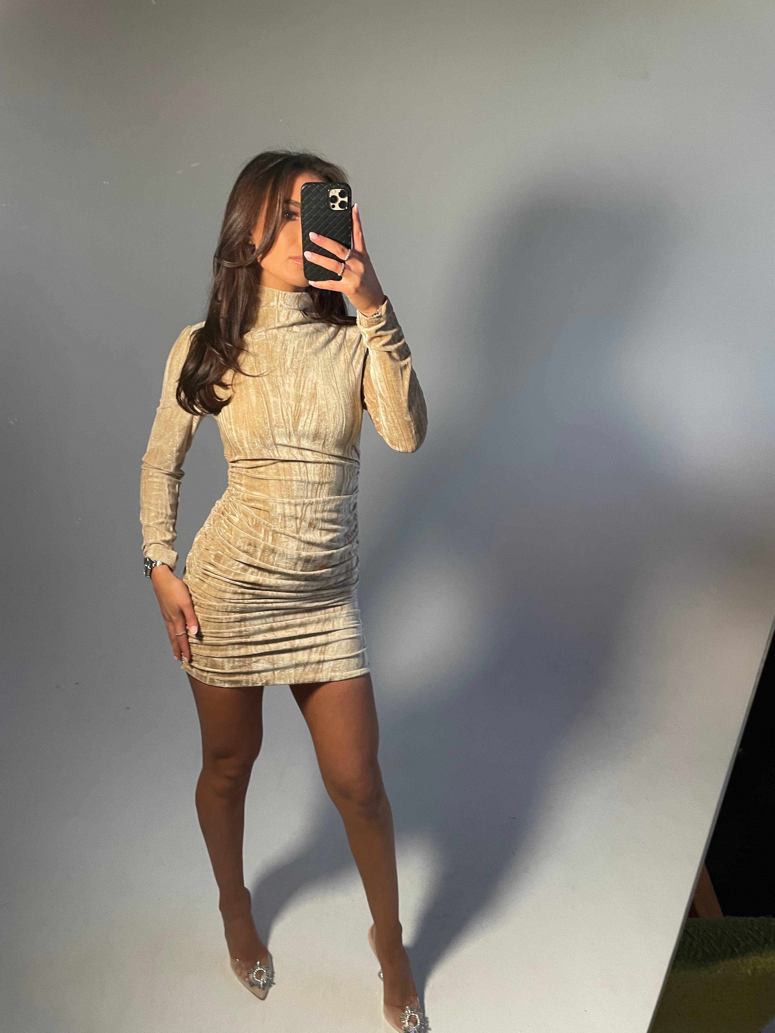 gold velvet mini dress
