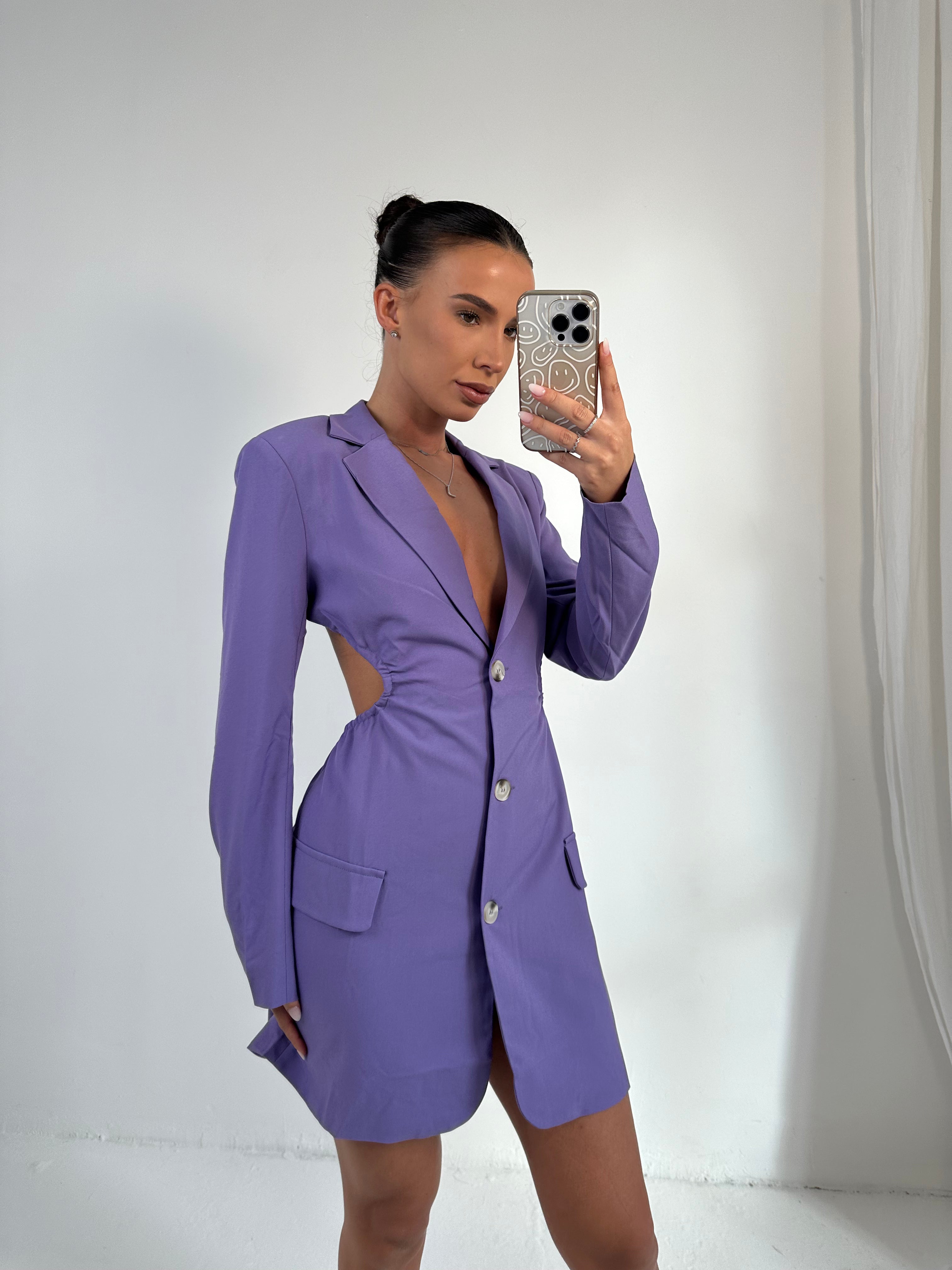 purple cut out back blazer dress