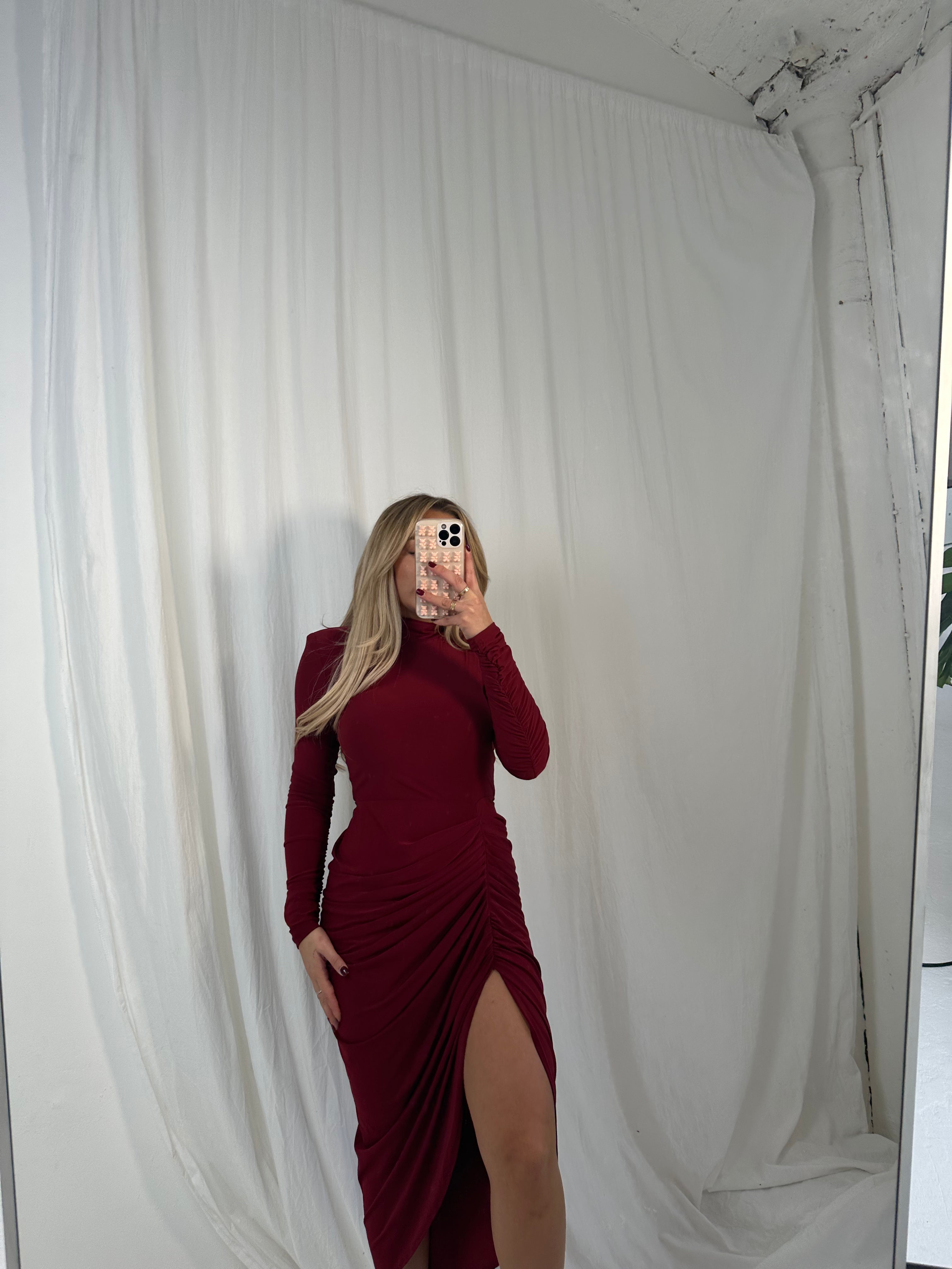 red jersey midi dress in wine