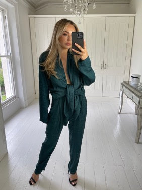 green satin jumpsuit