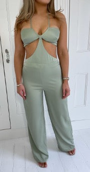 satin sage cut out jumpsuit size 8